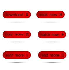 Internet buttons. Set of red web buttons. Download. Book now. Buy now. Watch now. Learn more. Read more. Red modern button whith shadow for web site and ui
