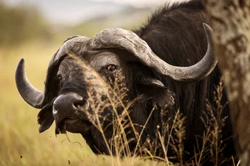Foto op Canvas Buffalo in a grasslooking on the camera in Serengeti National Park in Tanzania during safari. © danmir12