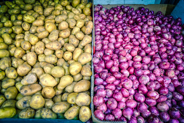 Large pile of fresh white potatoes and red shallot onions in cardboard box at farmer market in Singapore