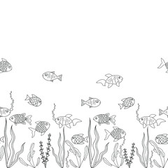 Cartoon fish swimming among seaweed: transparent seamless illustration. Coloring page. Vector graphics.