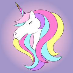Unicorn head, icon isolated on purple background, vector illustration.