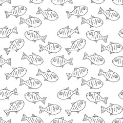 Small cartoon fish: transparent seamless pattern. Coloring page. Vector graphics.