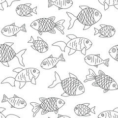 Swimming cartoon fish: transparent seamless pattern. Coloring page. Vector graphics.