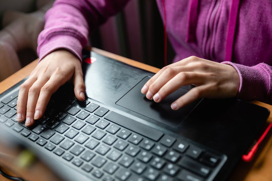 Young caucasian girl in pink sweater at computer while studying online programming at home near the window