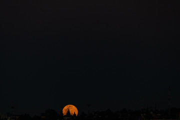 Fotografía de la luna roja llena de abril saliendo en el horizonte