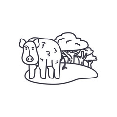 pig and trees around icon, line style