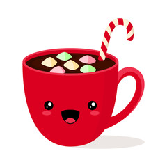 Kawaii red Cup of hot chocolate with colorful marshmallows and Christmas candy cane. Vector stock flat illustration isolated on white background.