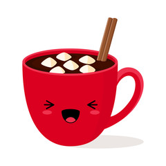 Kawaii red Cup of hot chocolate with marshmallows and cinnamon stick. Vector stock flat illustration isolated on white background