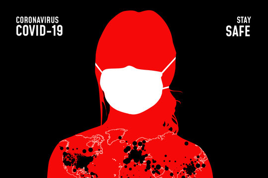 Coronavirus banner with girl silhouette in medical mask - global pandemic concept. Coronavirus 2019-nCoV background. Virus covid19 infection. Wallpaper. Quarantine illustration.