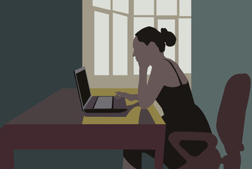 The girl works on a laptop at the table. Color vector illustration.