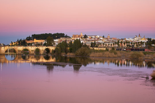 Badajoz city at sunset with river Guadiana in Spain