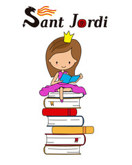 Sant Jordi traditional festival of Catalonia Spain. Princess reading on top of a pile of books.isolated vector