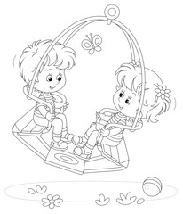 Cheerful small children swinging on a summer playground in a park, black and white outlined vector cartoon illustration for a coloring book page