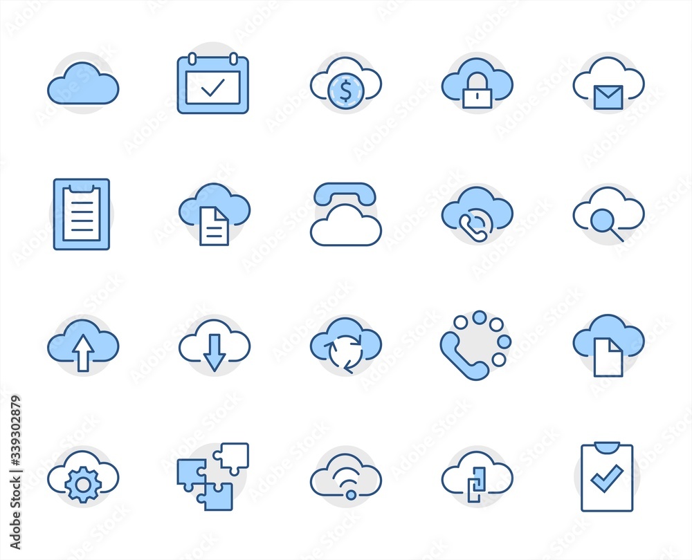 Poster set of cloud vector line icon. it contains symbols to upload, download, link and more. editable stro