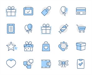 Set of gifts, vector line icons. Contains symbols gift cards, ribbons and more. Editable Stroke. 32x32 pixel.