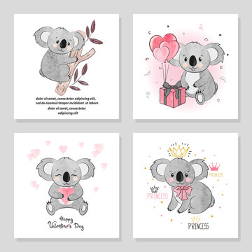 Cute Koala bear vector illustrations. Set of birthday greeting cards, posters, prints.