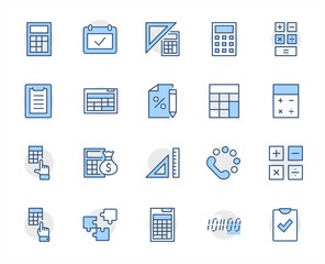 Set of Calculation Vector Line Icons. Contains such Icons as Calculator Icon, Pencil, Click, Money Bag, Percent symbol, Square and Ruler. Editable Stroke. 32x32 Pixel Perfect.
