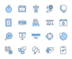 Newton's Day Set Line Vector Icon. Contains such Icons as Newton, Laws of physics and gravity, Flying Apple, Calendar, Teacher, blackboard and projector Editable Stroke. 32x32 Pixel Perfect