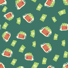 Seamless vector pattern. wallet, money, golden financial icons on white background. illustration idea of fund savings, cash earnings, financial success, getting wealth, salary income icon on green