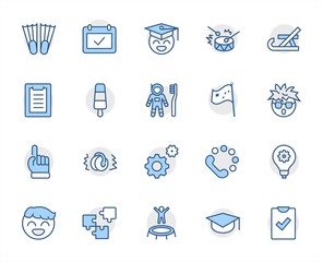 International World Day of Children's Inventions Set Line Vector Icon. Contains such Icons as Toothbrush astronauts, Trampoline, Flippers, Frozen juice, earmuffs. Editable Stroke. 32x32 Pixel Perfect