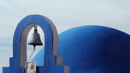 Blue Dome and bell tower in Cyclades, Greece