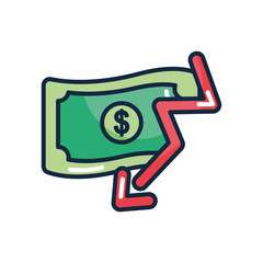 financial broke concept, money bill with financial arrow down icon, line color style