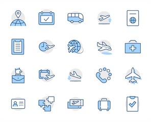 Set of Airport Related Vector Line Icons. Contains such Icons as Globe, Departure, Plane, Bus, Tickets, Baggage Claim, Calendar, Kit and more. Editable Stroke. 32x32 Pixels.