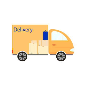 Orange delivery van with cardboard boxes with fragile signs. Flat vector illustration on the white background.