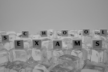 The Word "Exams", Showing the Tiled Foreground Spelling on Ice Cubes with a Blurred School Background.