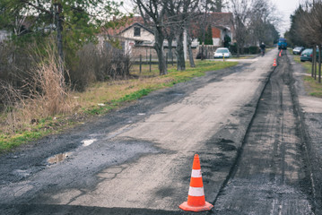 road reconstruction and warning signs for vehicles and pedestrians