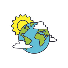 earth planet, clouds and sun icon, fill style