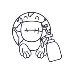 cute earth planet with antibacterial gel bottle icon, line style