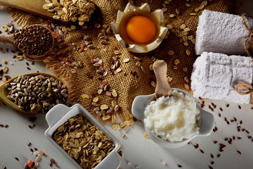 shea butter, raw yolk, linseed, oatmeal, salt, sunflower seeds for home cosmetics