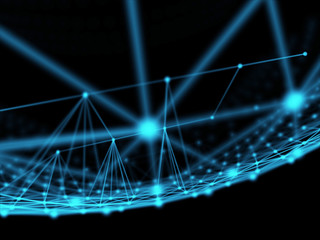 Abstract technology neural network and sphere geometry orb and polygonal lines and dots. Futuristic Technology, digitally generated image, 3d rendering