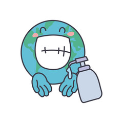 cute earth planet with antibacterial gel bottle icon, fill style