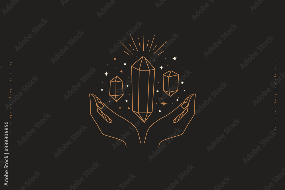 Poster magic crystals sparkle and soar above hands. mystical symbols in trendy linear minimalist style on b