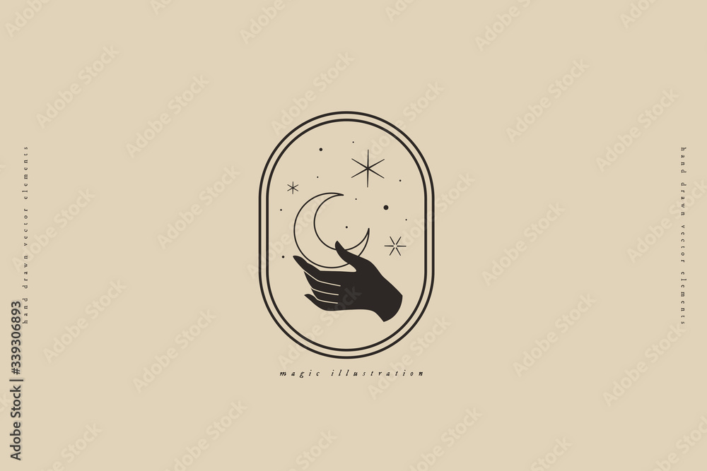 Poster logo template with hand holding a crescent in a trendy linear style. minimalistic emblem for packagi