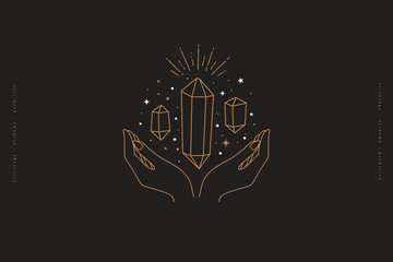 Magic crystals sparkle and soar above hands. Mystical symbols in trendy linear minimalist style on black background. Magic stone quartz for spiritual practices of ethnic magic and astrological rites.