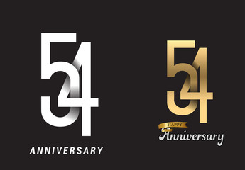 54 years anniversary celebration logo design. Anniversary logo Paper cut letter and elegance golden color isolated on black background