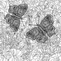 Seamless floral pattern with butterflies. Coloring book. Page antistress coloring. Coloring book for adults. Page coloring for adults