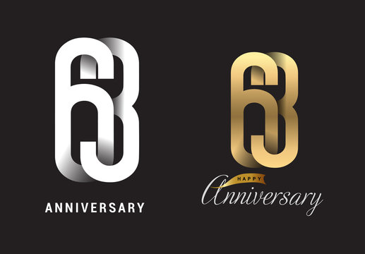 63 years anniversary celebration logo design. Anniversary logo Paper cut letter and elegance golden color isolated on black background