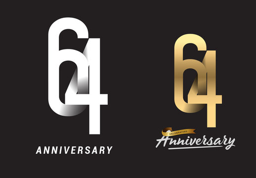 64 years anniversary celebration logo design. Anniversary logo Paper cut letter and elegance golden color isolated on black background