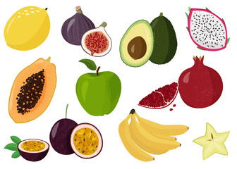 Fresh fruits vector collection. Set of sweet fruits. Lemon, papaya, dragon fruit, pomegranate, passion fruit, banana, star fruit and apple.