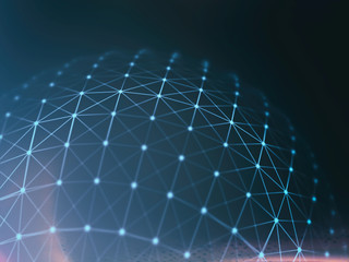 Obraz premium Abstract technology neural network and sphere geometry orb and polygonal lines and dots. Futuristic Technology, digitally generated image, 3d rendering