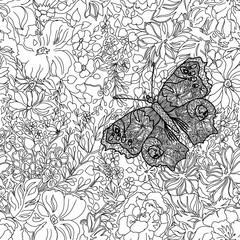 Seamless floral pattern with one butterfly. Coloring book. Page antistress coloring. Coloring book for adults. Page coloring for adults