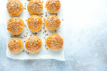 Hot fresh homemade buns. Top view