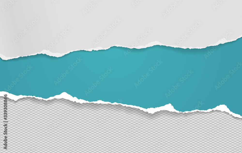 Poster pieces of torn white and blue horizontal paper with soft shadow stuck on squared background. vector 