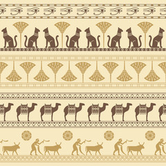 A seamless pattern based on the symbols of ancient Egypt. Cats, lotus flowers, camels, buffaloes and more