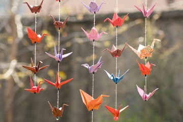 origami crane birds hanging on the threads in the garden