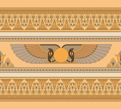 Symbols of ancient Egypt winged sun with lotos seamless horizontal pattern for Egyptian motives